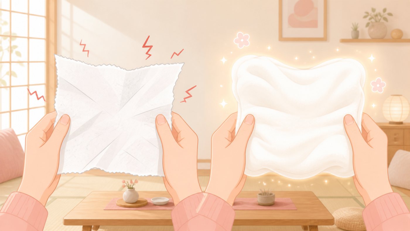硬いティッシュの摩擦とやわらかい保湿ティッシュの違いのイラスト