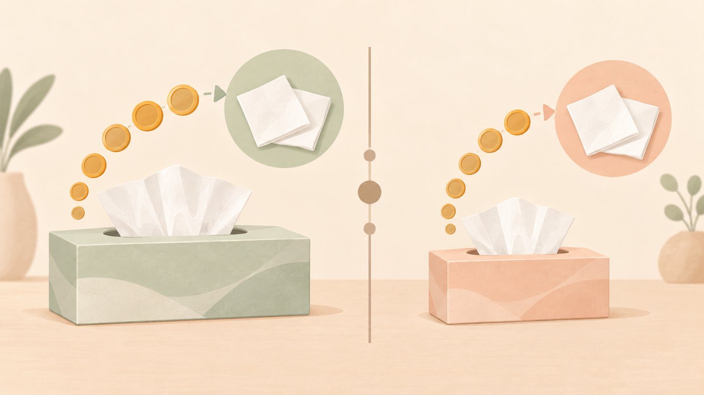 箱ティッシュを積み上げて単価を見比べるイラスト