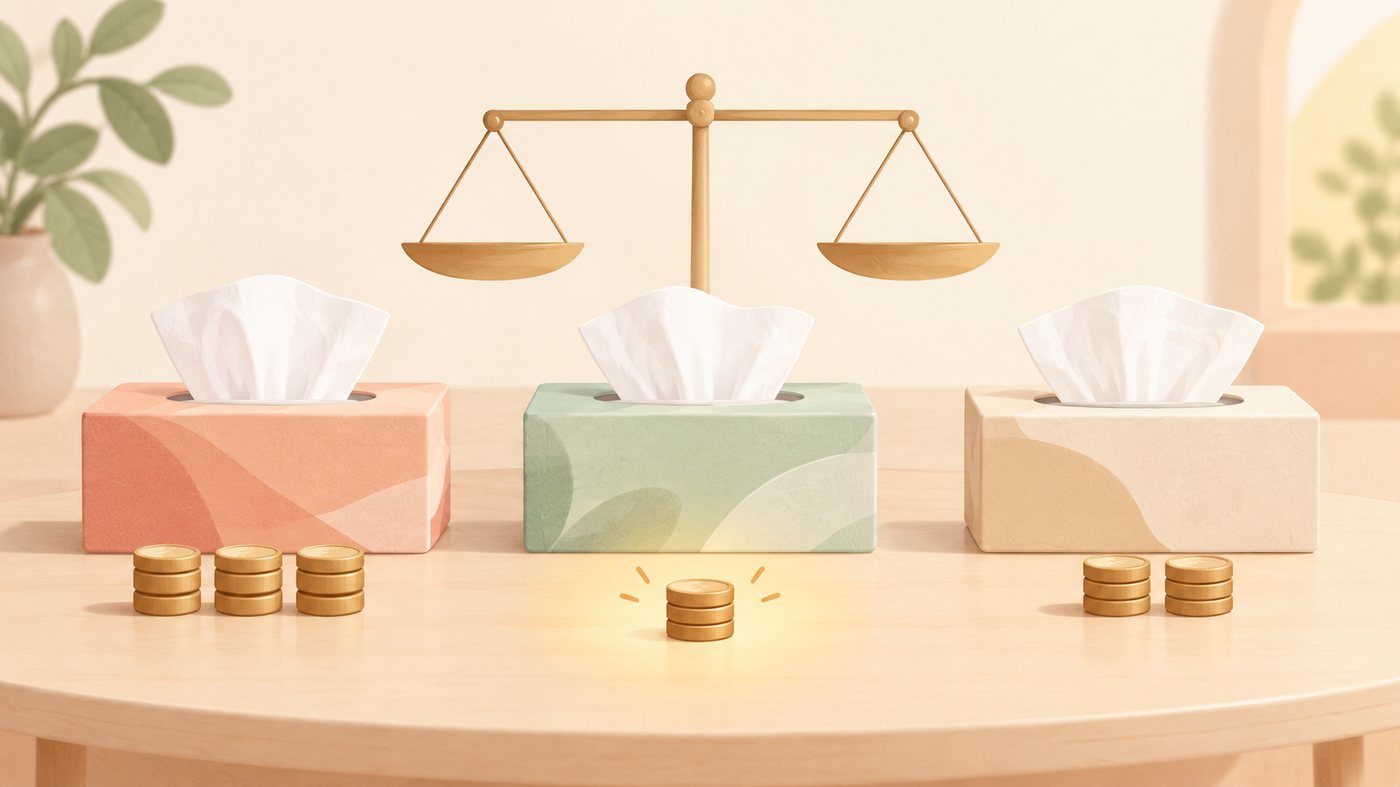 棚置き・買い置き・ケース買いの3段を比べるイラスト