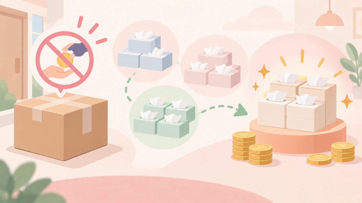 組数の違う箱ティッシュが棚に並んでいるイラスト