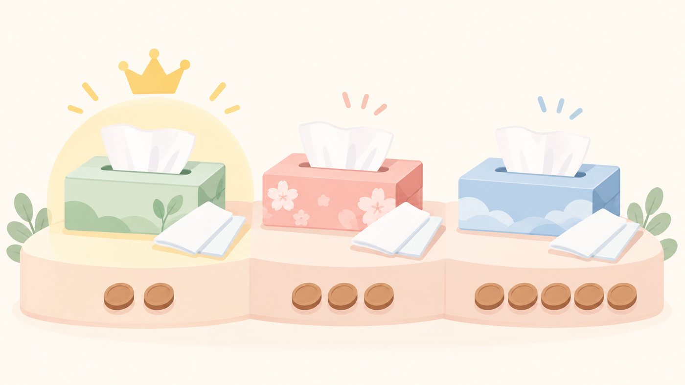 少量・まとめ買い・ケースの3段階の置き場所のイラスト