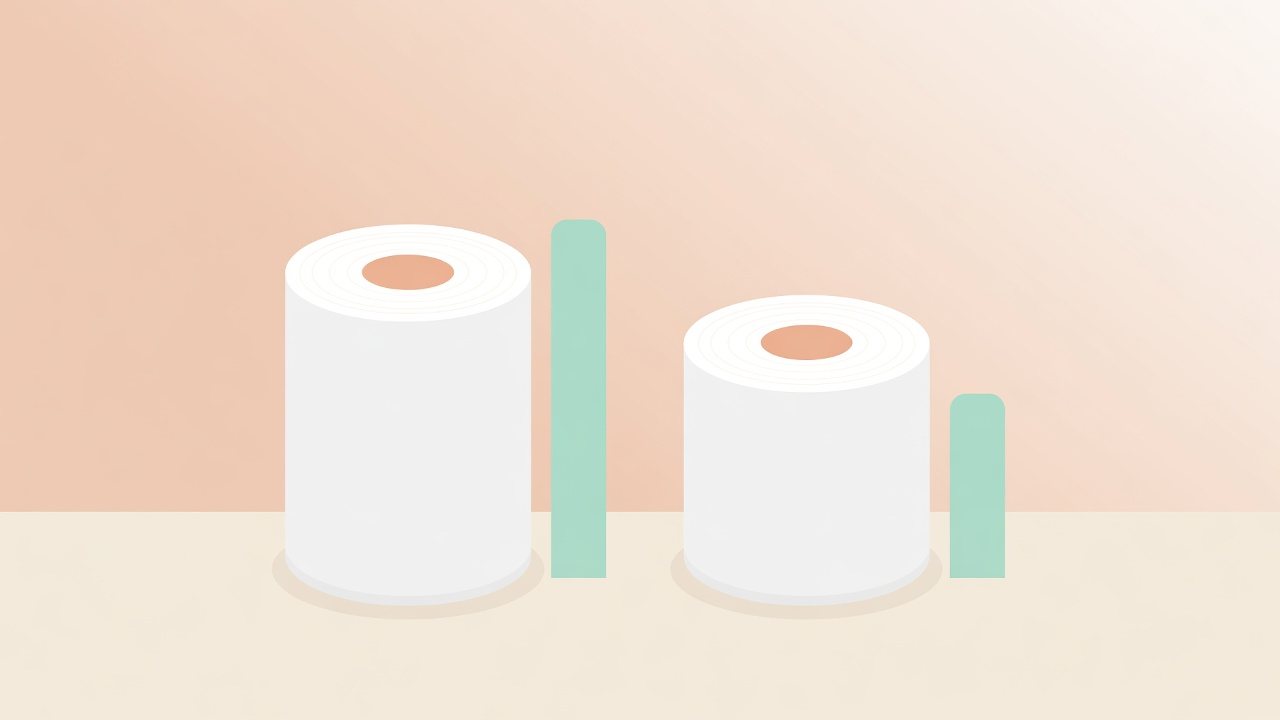 倍巻のトイレットペーパーを巻き長ごとに並べて1mあたりを見るイラスト