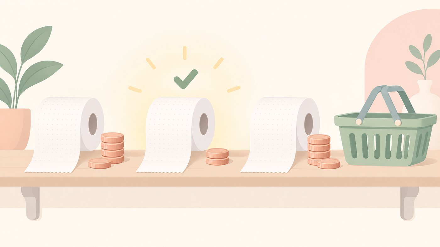 25mのトイレットペーパーを棚に並べたイラスト