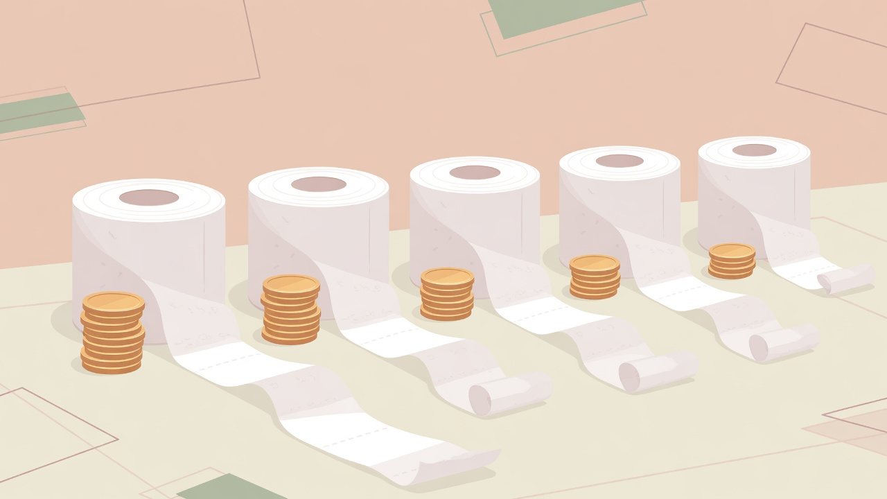 芯なしのトイレットペーパーが並ぶイラスト