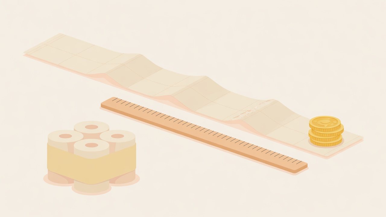ダブルの4ロールパックとまとめ買いの箱を並べて1mあたりを見るイラスト