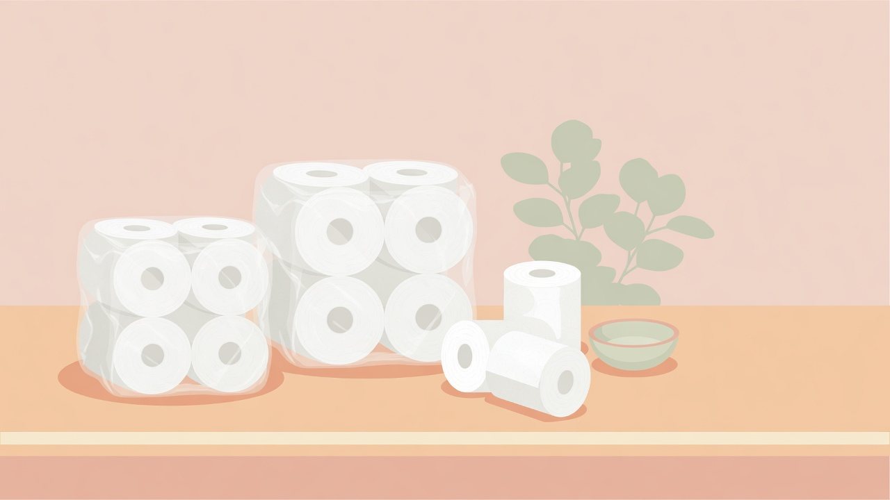8ロールのパックと8ロール×4パックの束を並べて1mあたりを見るイラスト