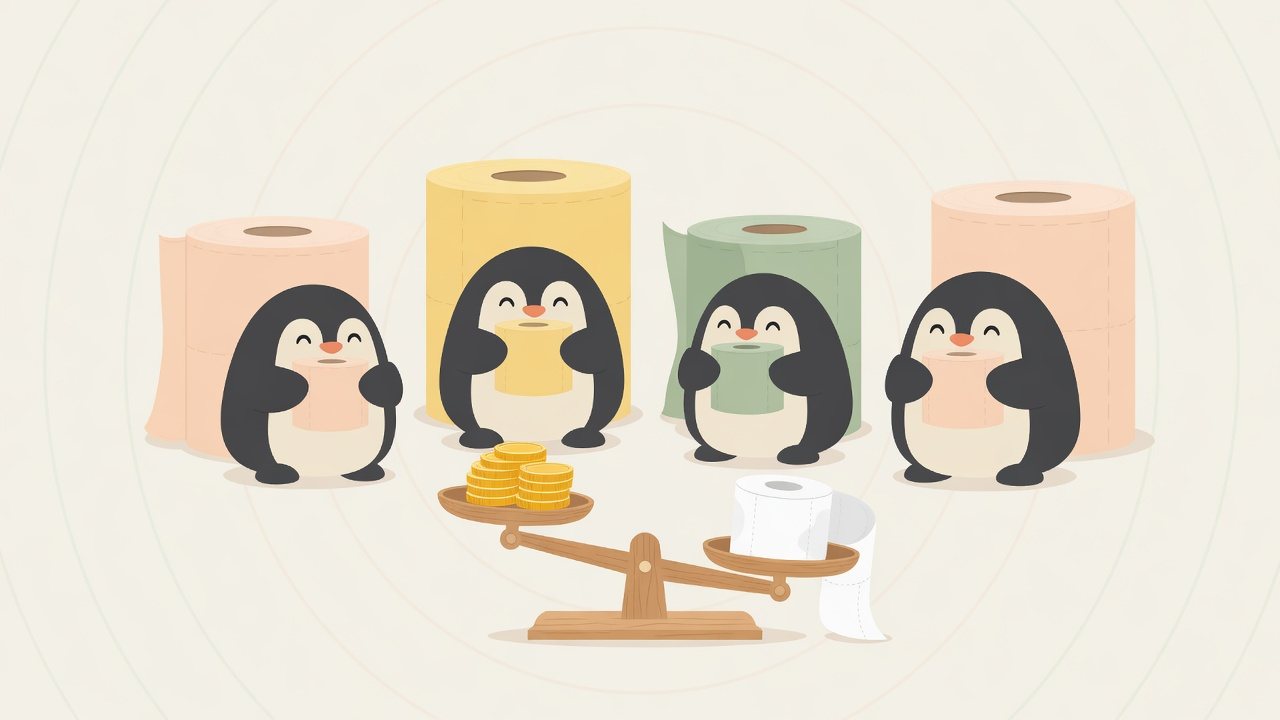 長さの違うペンギンのロールを並べたイラスト