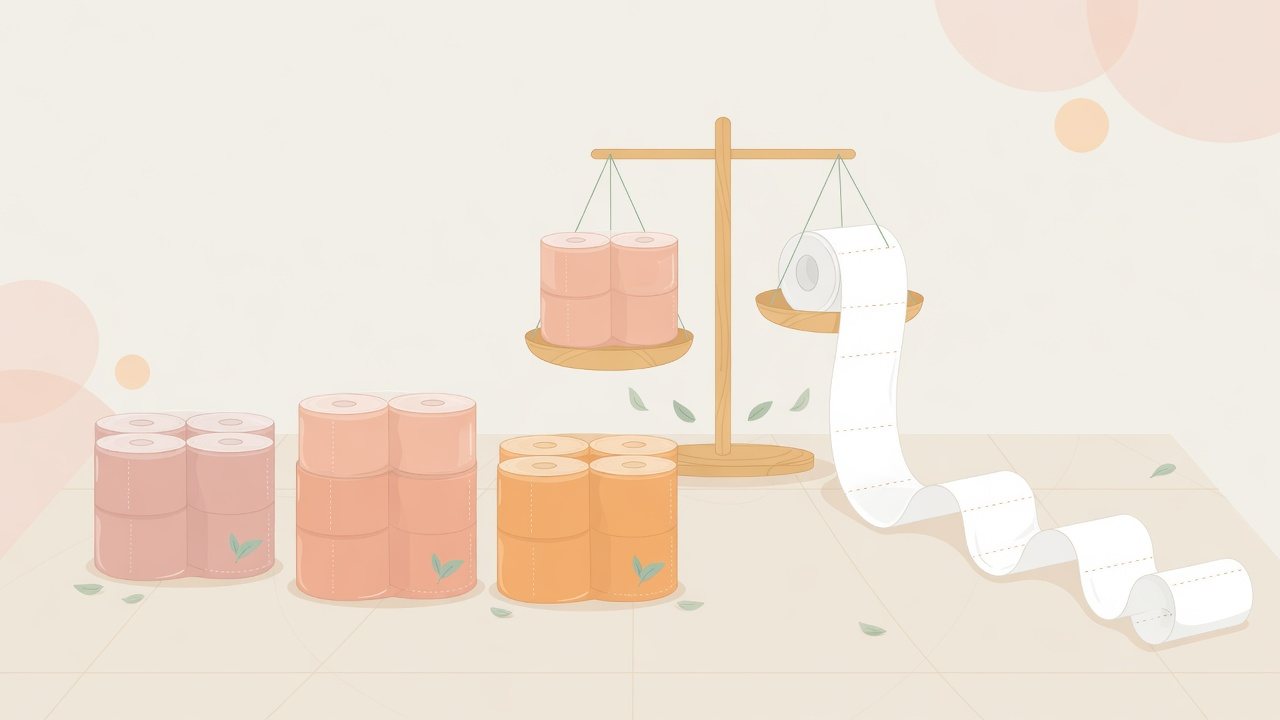 同じ32ロールでも巻き長が違うトイレットペーパーを並べたイラスト