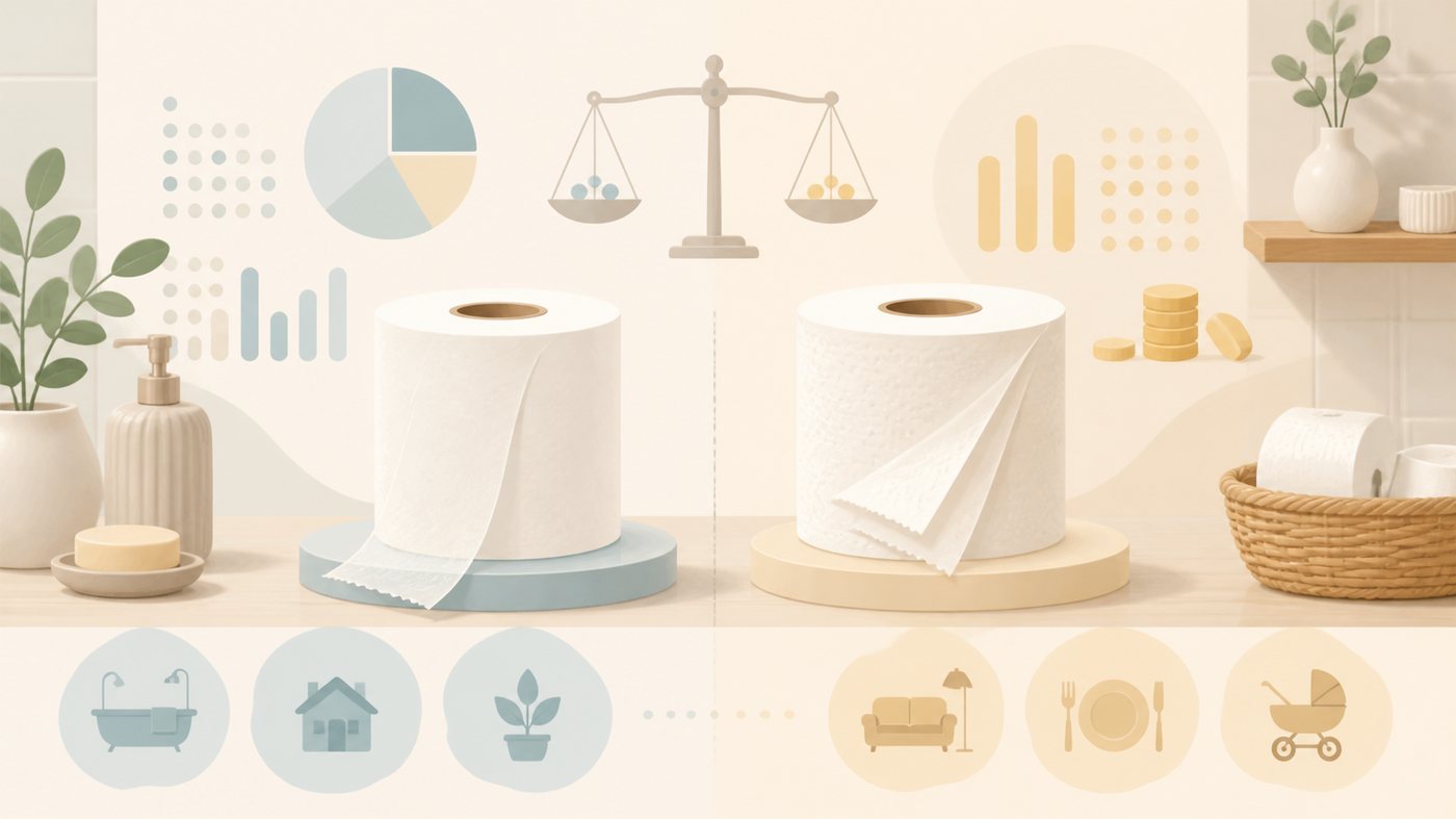 シングルとダブルのトイレットペーパーを見比べるイラスト