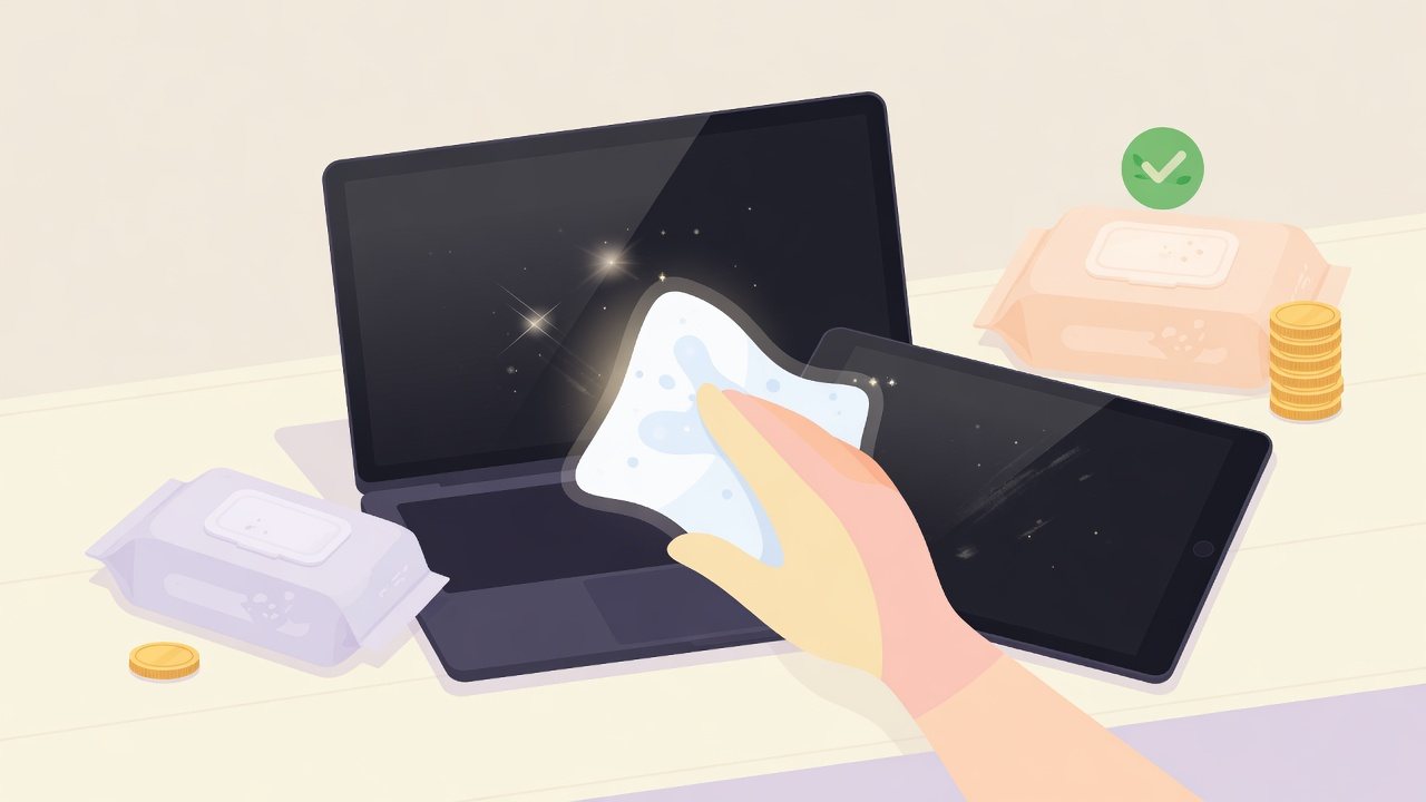 液晶モニターとウェットティッシュのイラスト