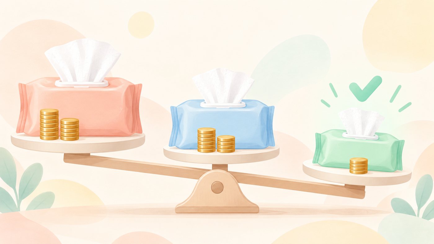 おしりふきの単価の計算を示すイラスト