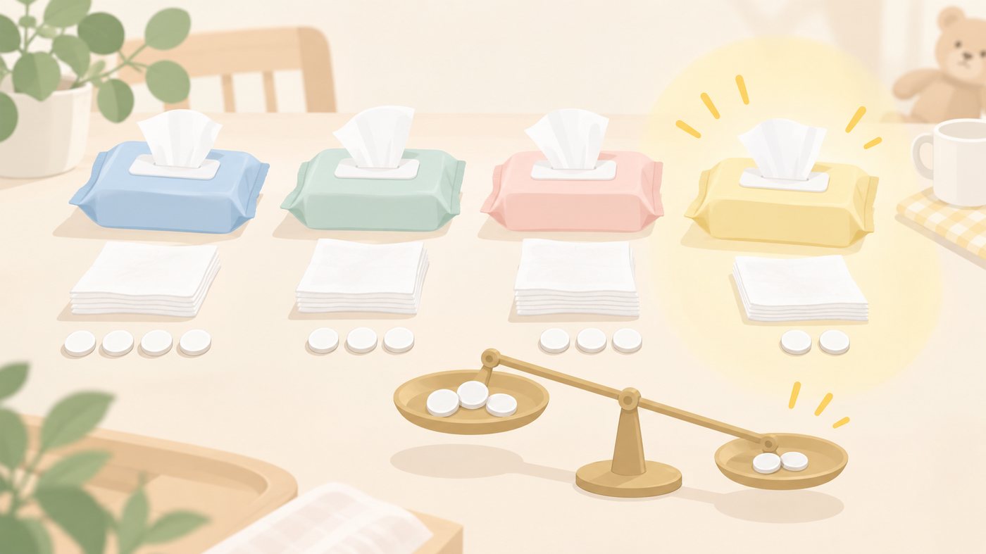 手口ふきの詰替パックを棚に並べたイラスト