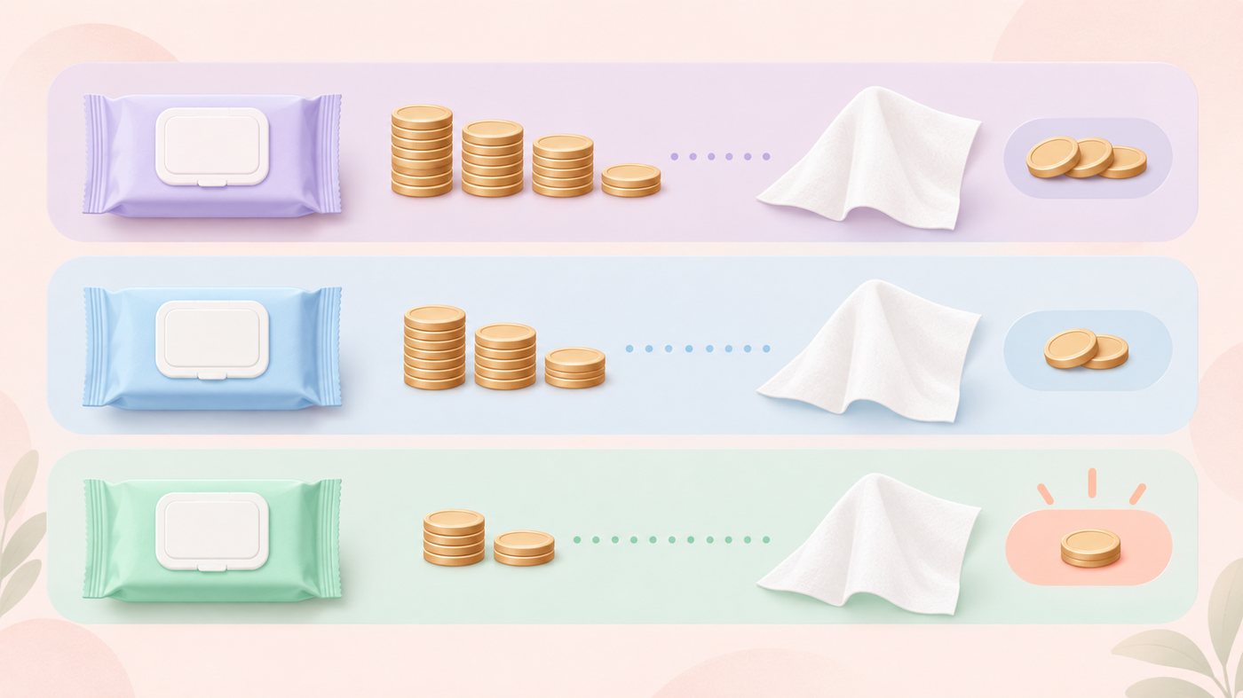 ウェットティッシュの価格を1枚あたりに割り戻す計算のイラスト
