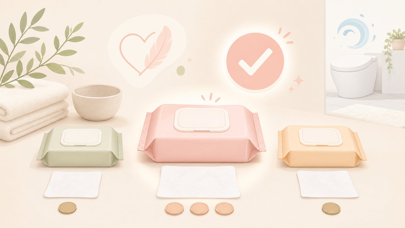 流せるウェットティッシュの3つの用途タイプのイラスト